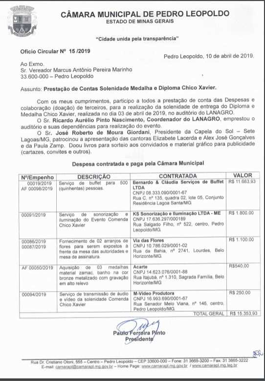 Câmara divulga gastos com Medalha e Diploma Chico Xavier